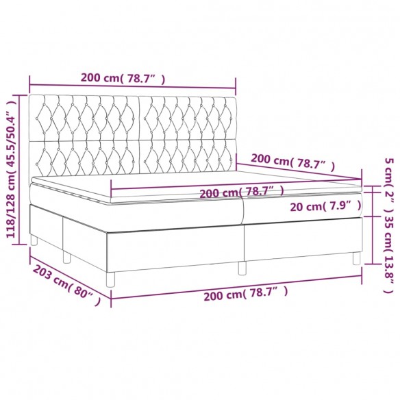 Cadre de lit et matelas et LED Gris foncé 200x200 cm