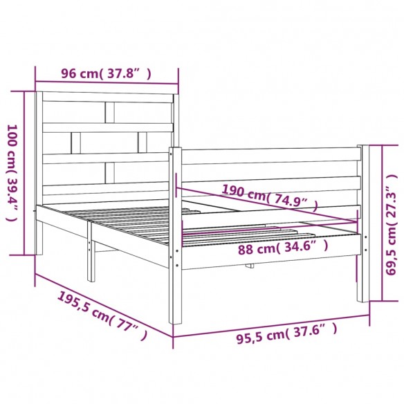 Cadre de lit Blanc Bois massif 90x190 cm Simple