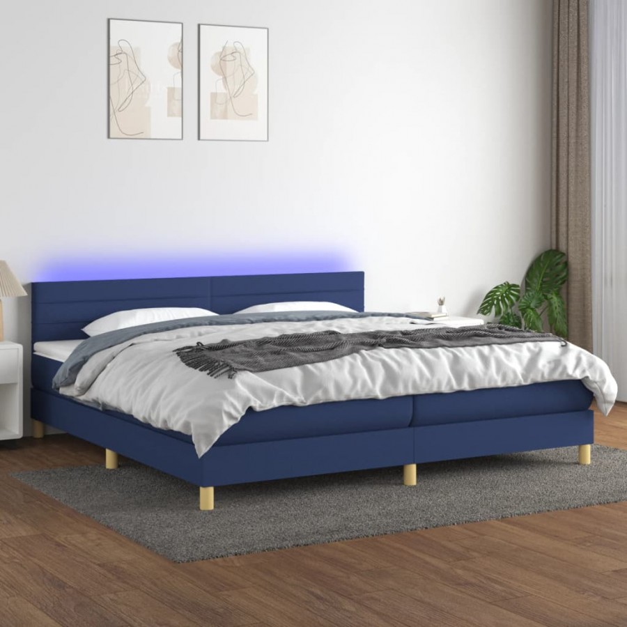 Sommier à lattes de lit et matelas et LED Bleu 200x200 cm Tissu