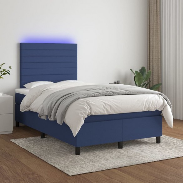 Sommier à lattes de lit et matelas et LED Bleu 120x200 cm Tissu