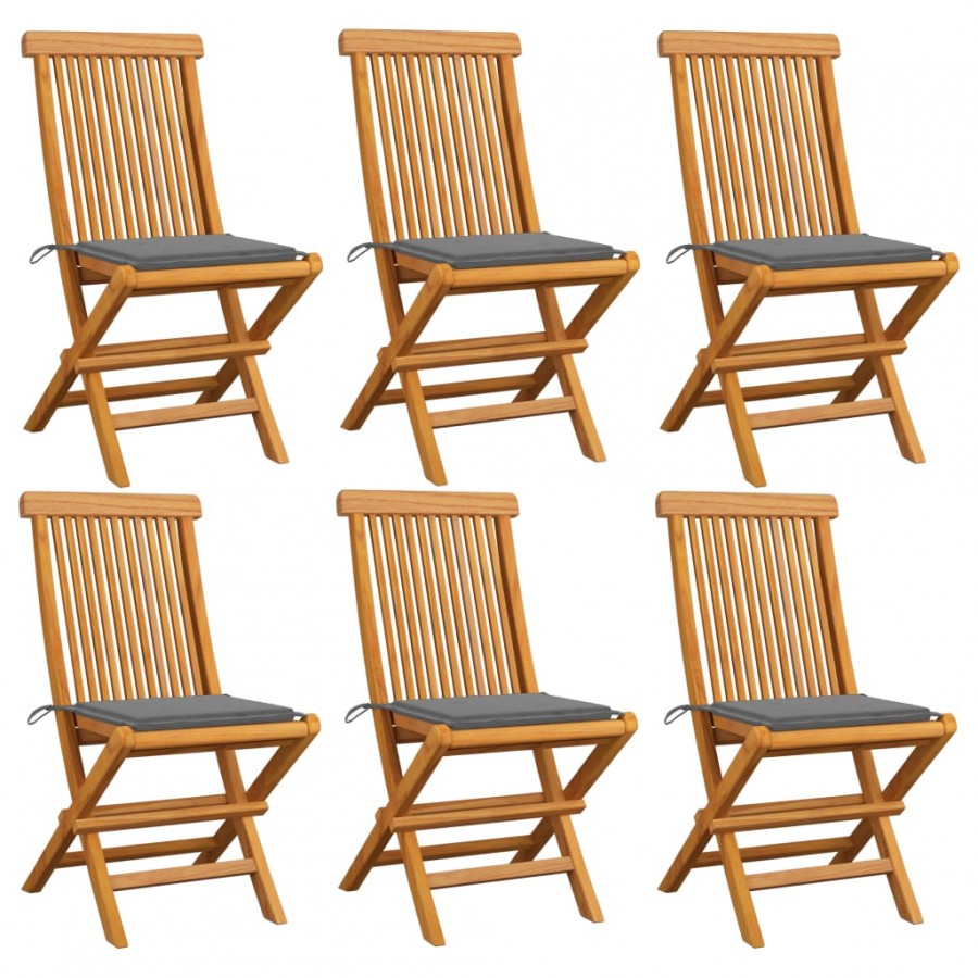 Chaises de jardin avec coussins gris 6 pcs Bois de teck massif