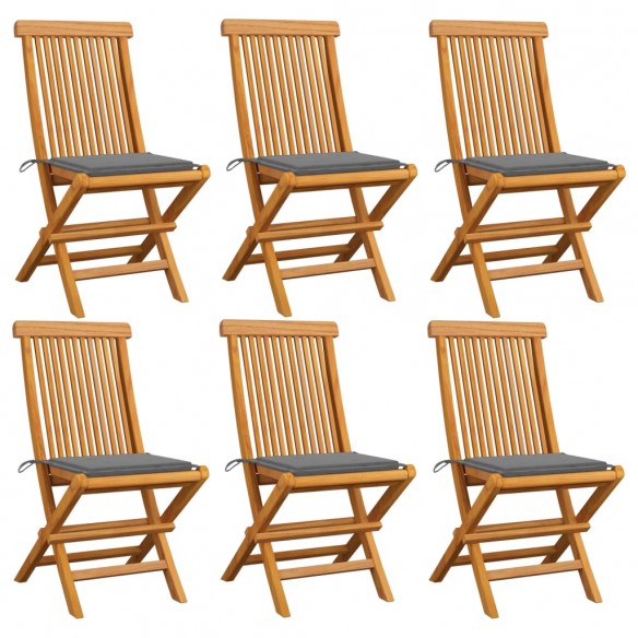 Chaises de jardin avec coussins gris 6 pcs Bois de teck massif