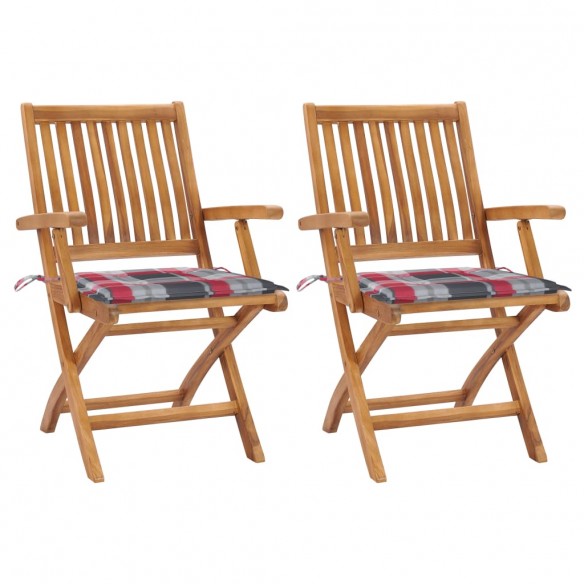 Chaises de jardin 2 pcs avec coussins à carreaux rouge Teck