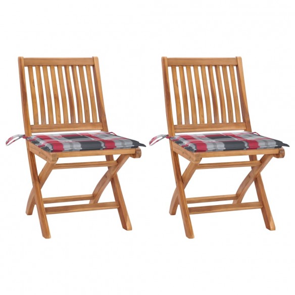 Chaises de jardin 2 pcs avec coussins à carreaux rouge Teck