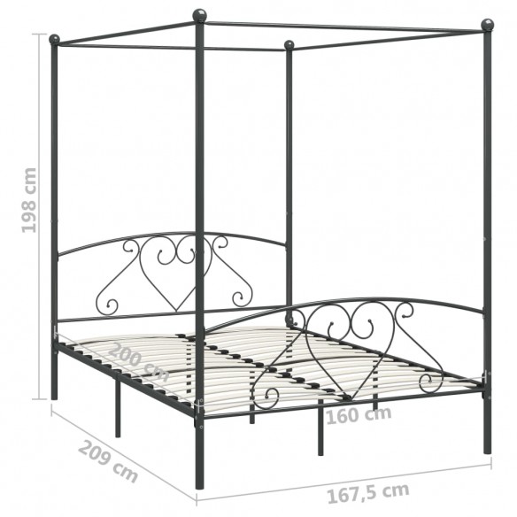 Cadre de lit à baldaquin Gris Métal 160 x 200 cm