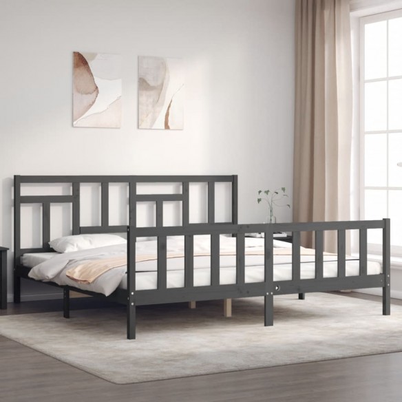 Cadre de lit avec tête de lit gris Super King bois massif