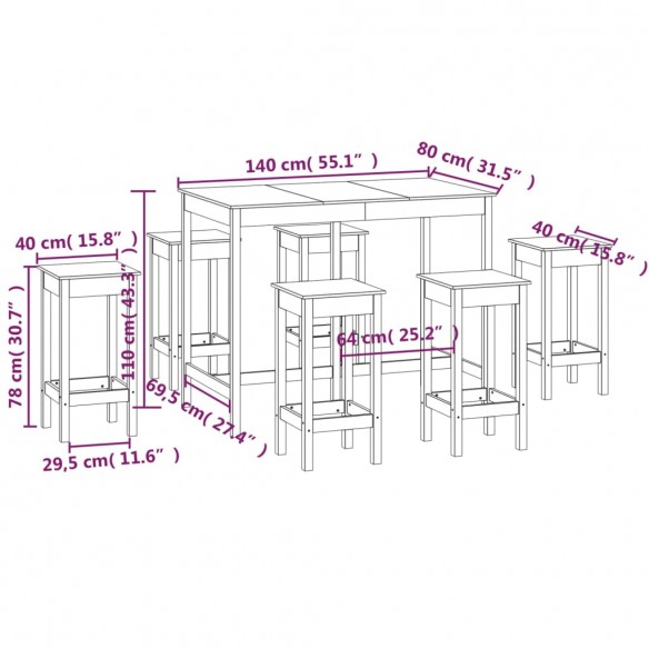 Ensemble de bar 7 pcs Marron miel Bois de pin massif