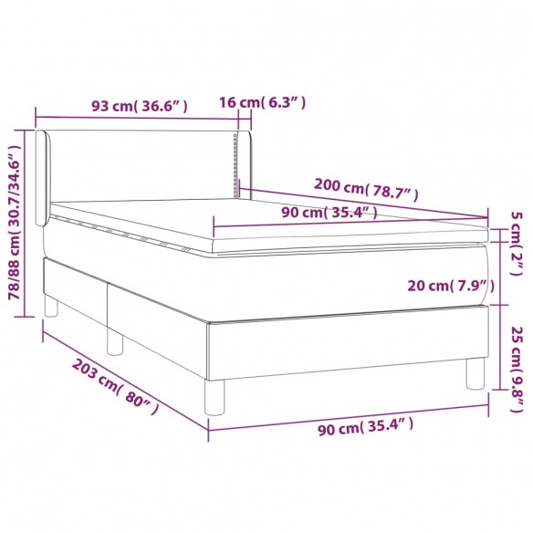 Sommier à lattes de lit avec matelas Noir 90x200 cm Velours