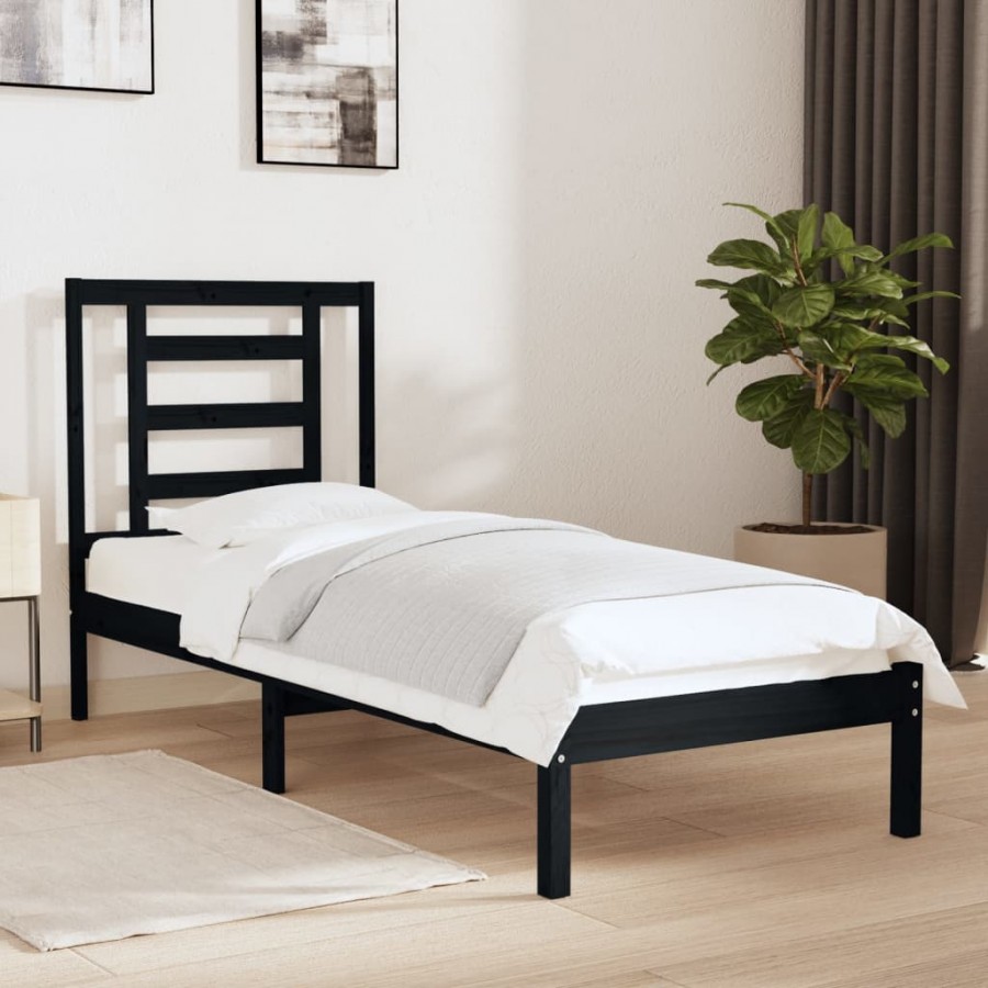 Cadre de lit Noir Bois massif 75x190 cm Petit simple