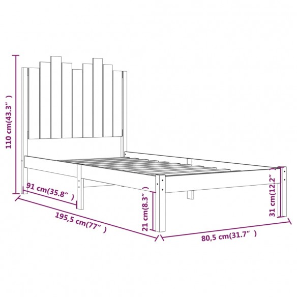 Cadre de lit Noir Bois de pin massif 75x190 cm Petit simple