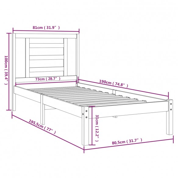 Cadre de lit Noir Bois massif 75x190 cm Petit simple