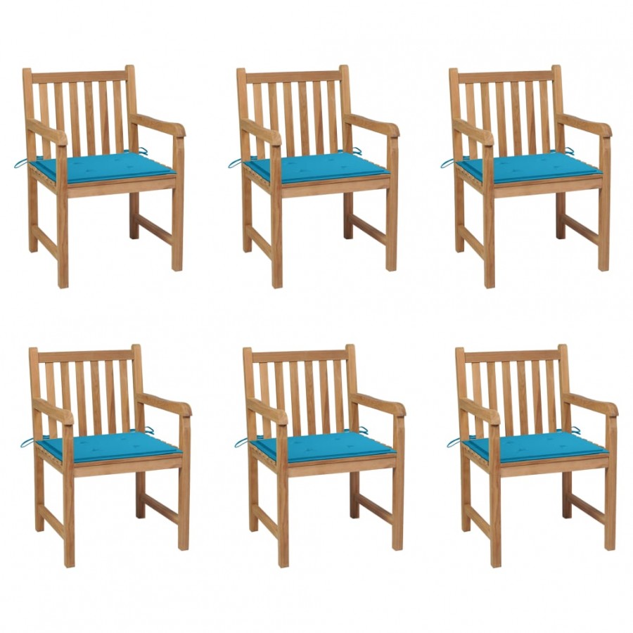 Chaises de jardin 6 pcs avec coussins bleu Bois de teck massif