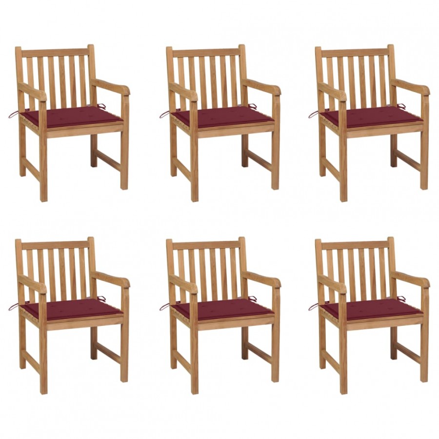 Chaises de jardin 6 pcs avec coussins bordeaux Bois de teck