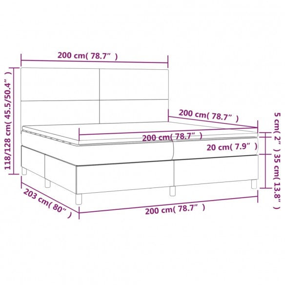 Cadre de lit et matelas et LED Gris foncé 200x200 cm