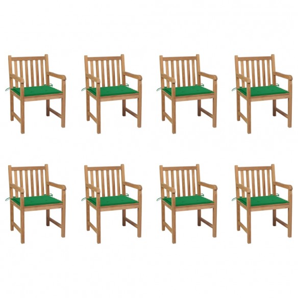 Chaises de jardin 8 pcs avec coussins vert Bois de teck massif
