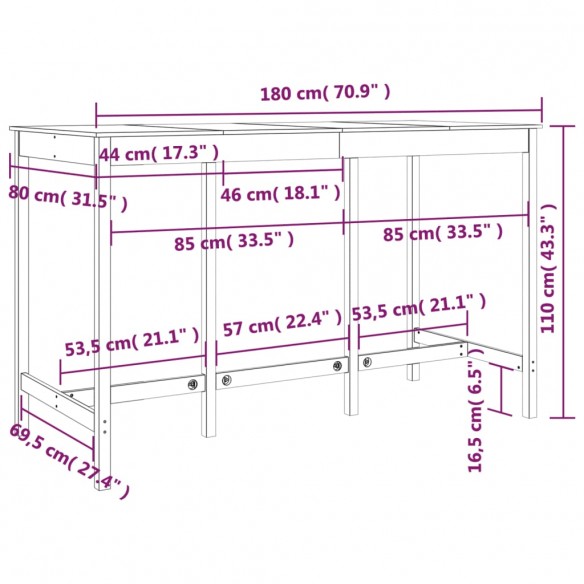 Table de bar Marron miel 180x80x110 cm Bois massif de pin