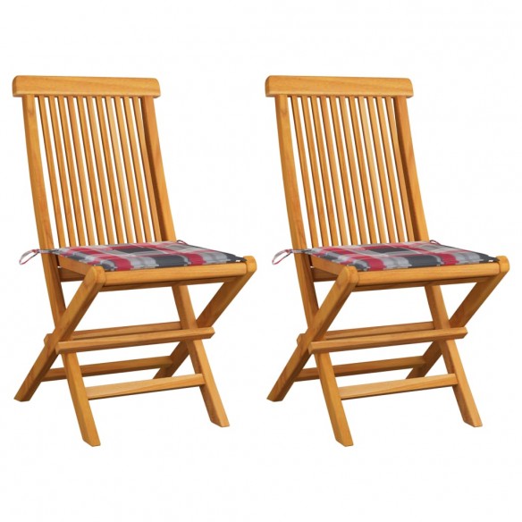 Chaises de jardin 2 pcs avec coussins à carreaux rouge Teck