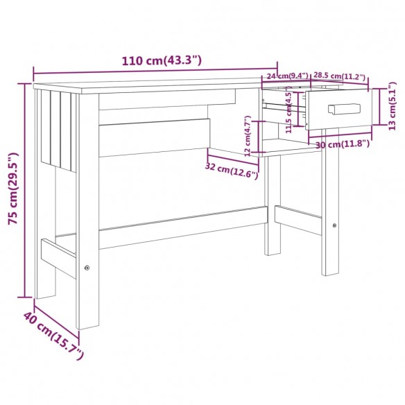 Bureau HAMAR Blanc 110x40x75 cm Bois massif de pin