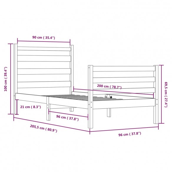 Cadre de lit Bois de pin massif 90x200 cm