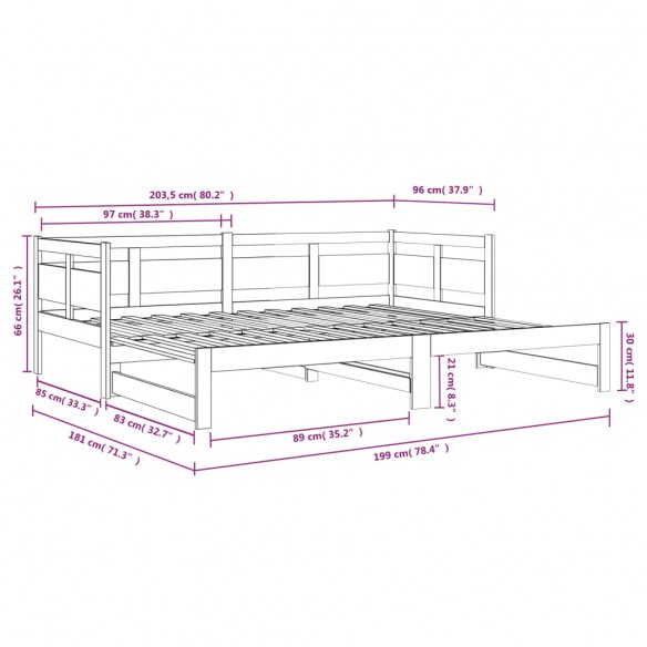 Lit coulissant Noir Bois de pin massif 2x(90x200) cm