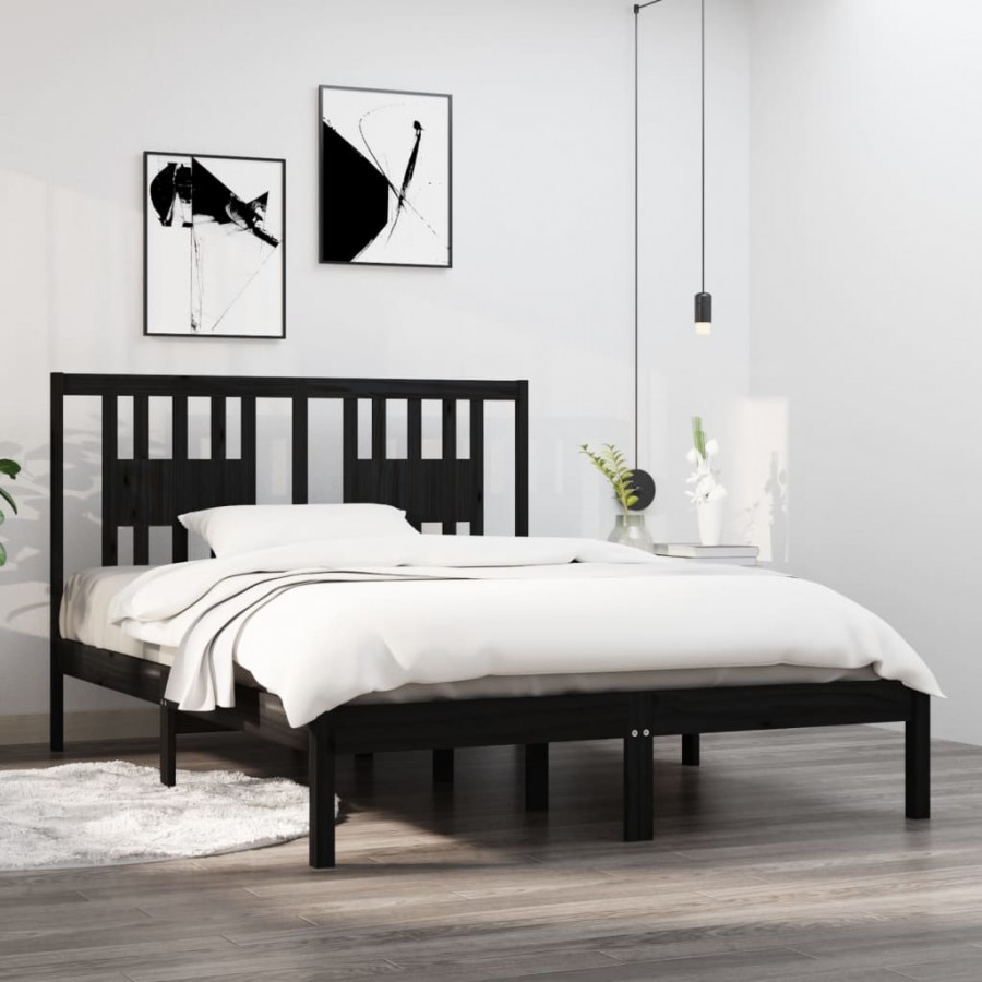 Cadre de lit Noir Bois massif 120x190 cm Petit Double