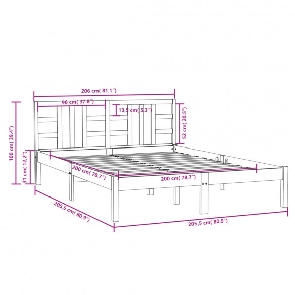 Cadre de lit Gris Bois massif 200x200 cm