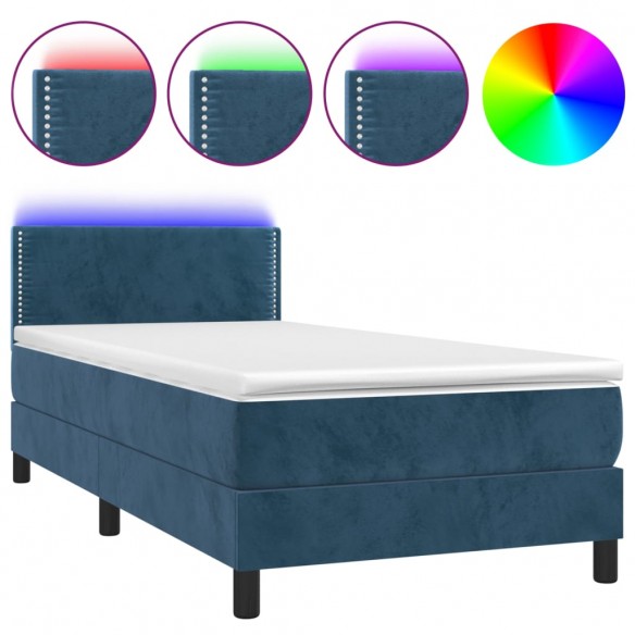 Sommier à lattes de lit avec matelas et LED Bleu foncé 90x200cm
