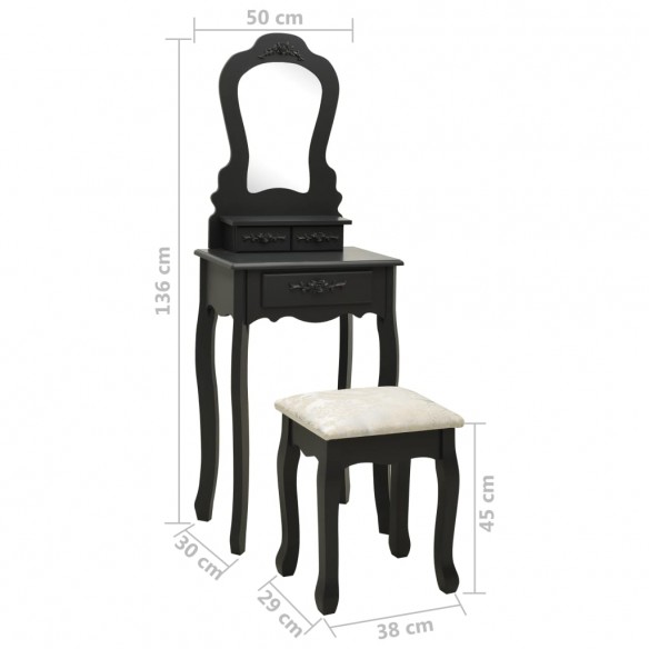 Ensemble de coiffeuse avec tabouret Noir 50x59x136 cm Paulownia