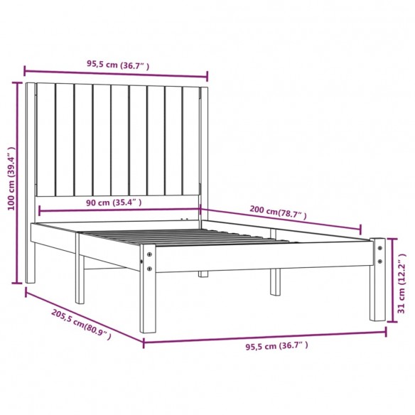 Cadre de lit Gris Bois de pin massif 90x200 cm