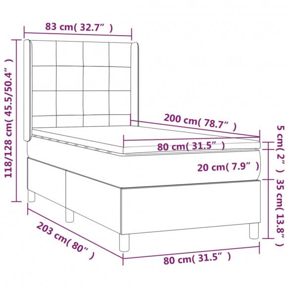 Cadre de lit et matelas et LED Gris clair 80x200cm