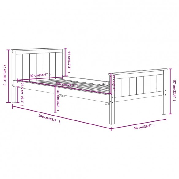 Cadre de lit Marron foncé Bois de pin massif 90x200 cm