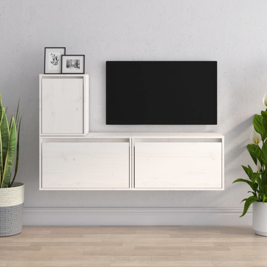 Meubles TV 3 pcs Blanc Bois massif de pin