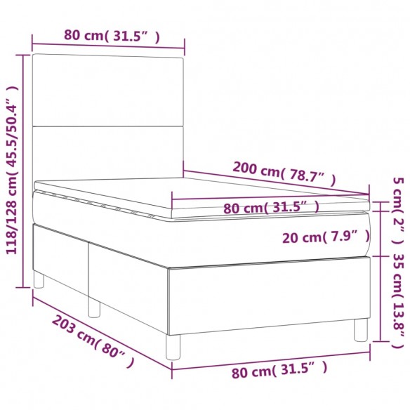 Cadre de lit avec matelas Gris foncé 80x200 cm Tissu