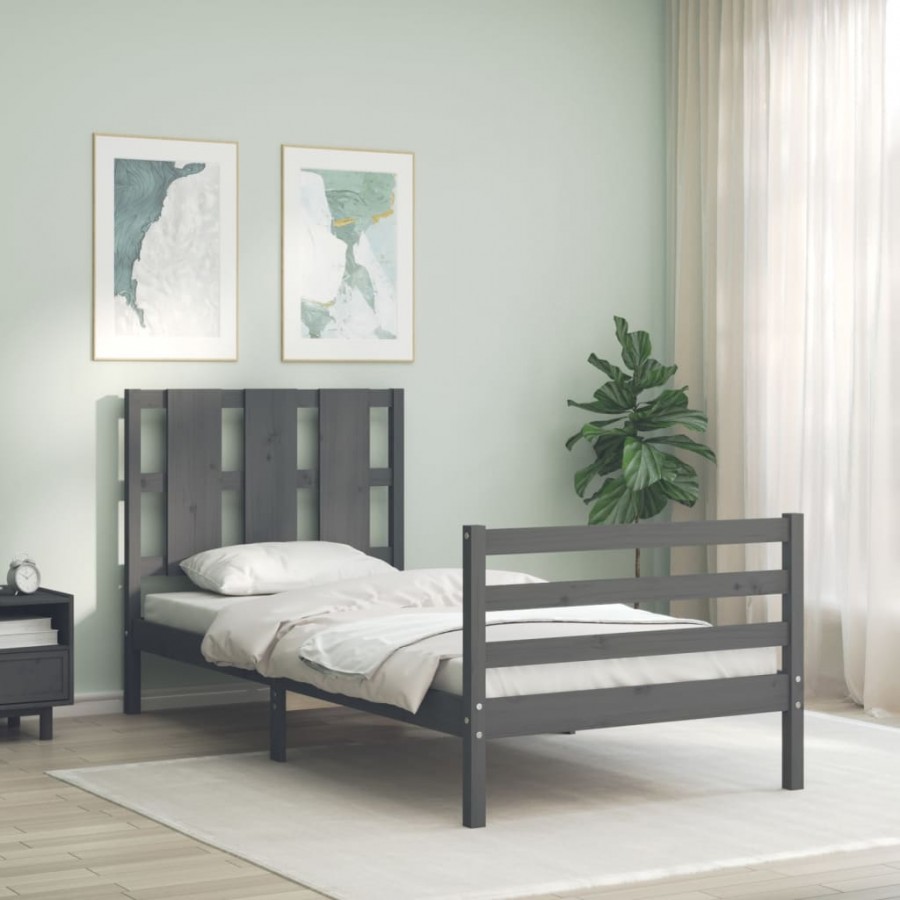 Cadre de lit avec tête de lit gris 90x200 cm bois massif