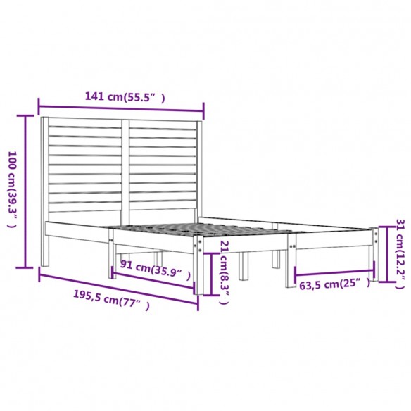 Cadre de lit Noir Bois massif 135x190 cm Double