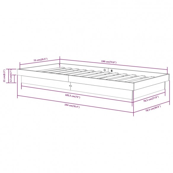 Cadre de lit Marron miel Bois massif 75x190 cm Petit simple