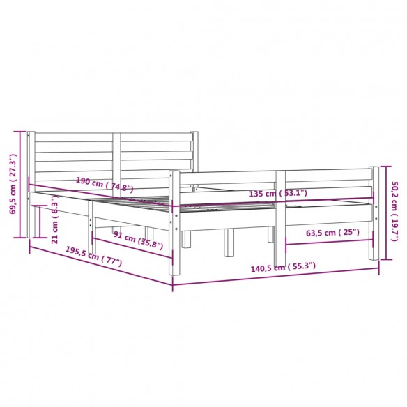 Cadre de lit Noir Bois massif 135x190 cm Double