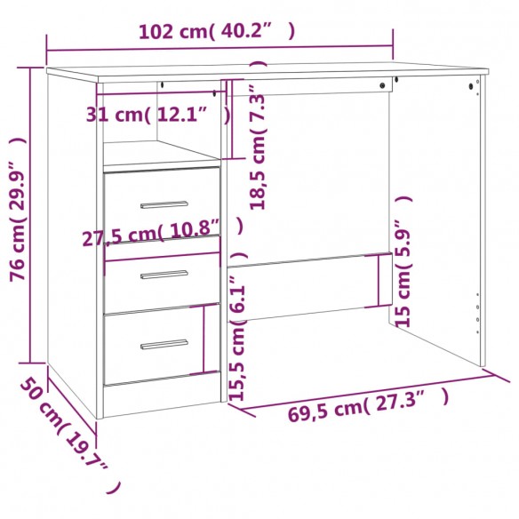 Bureau avec tiroirs Chêne sonoma 102x50x76 cm Bois d'ingénierie