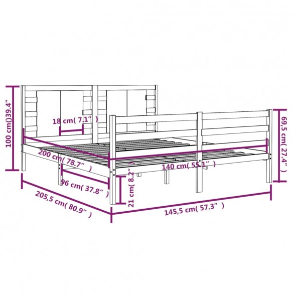 Cadre de lit Blanc Bois massif 140x200 cm