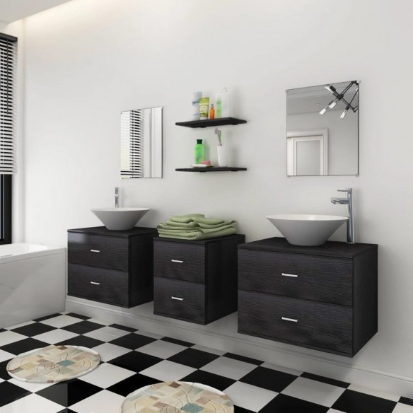Meubles de salle de bain 9 pcs avec lavabo et robinet Noir