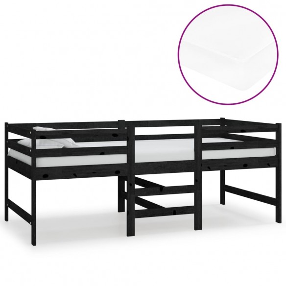 Lit mi-haut avec matelas 90x200 cm Noir Bois de pin massif