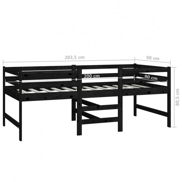 Lit mi-haut avec matelas 90x200 cm Noir Bois de pin massif