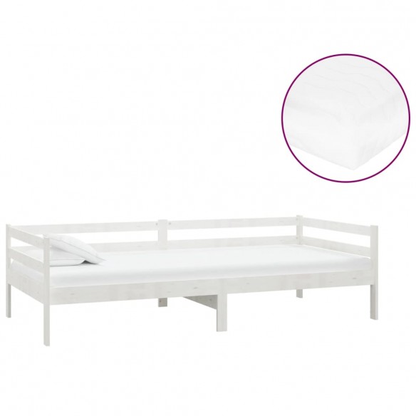 Lit de repos avec matelas 90x200 cm Blanc Bois de pin massif