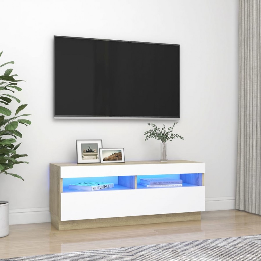 Meuble TV avec lumières LED blanc et chêne sonoma 100x35x40 cm