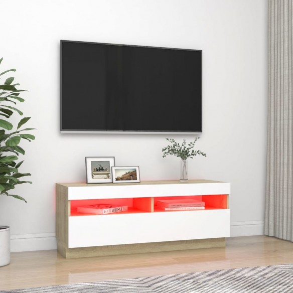 Meuble TV avec lumières LED blanc et chêne sonoma 100x35x40 cm