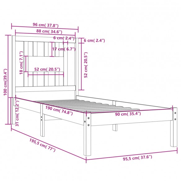 Cadre de lit Noir Bois massif 90x190 cm Simple