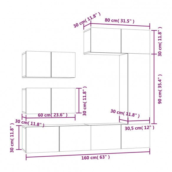 Ensemble de meubles TV 6 pcs Blanc Bois d'ingénierie