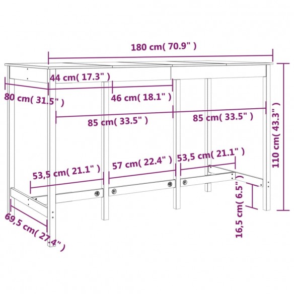 Table de bar Noir 180x80x110 cm Bois massif de pin