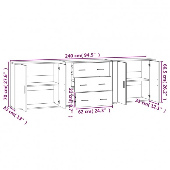 Buffets 3 pcs Sonoma gris Bois d'ingénierie