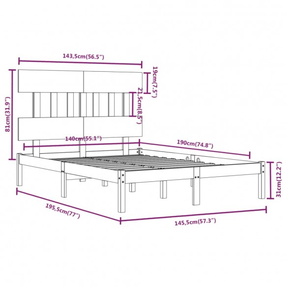 Cadre de lit Gris Bois massif 140x190 cm